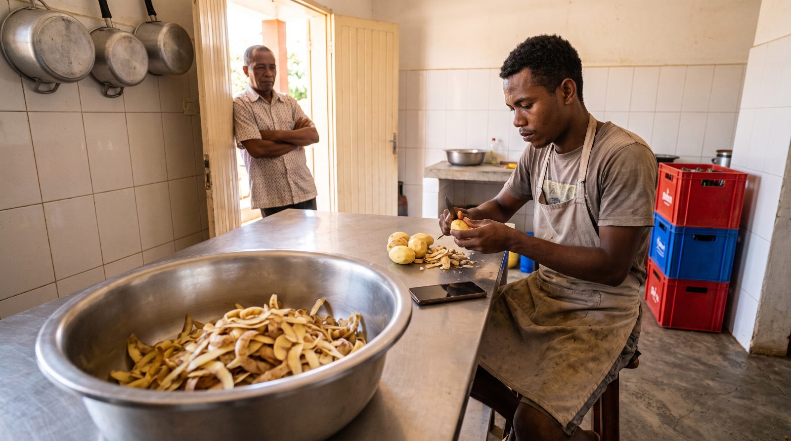 Un commis épluche des pommes de terre pendant que le patron surveille, une bassine d'épluchures au premier plan