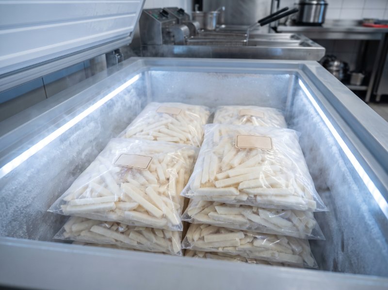 Une pile de sachets Frity dans le congélateur du restaurant
